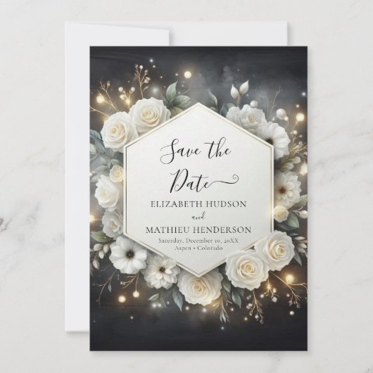 Botanische moderne witte rozen bruiloft save the date (Voorkant)