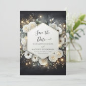 Botanische moderne witte rozen bruiloft save the date (Staand voorkant)