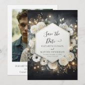 Botanische moderne witte rozen bruiloft save the date (Voorkant / Achterkant)