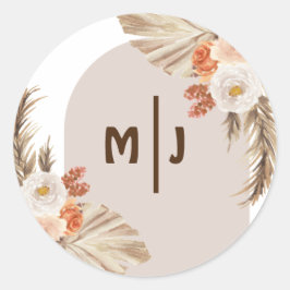 Botanische monogram Boho Pampas Grass Wedding Ronde Sticker