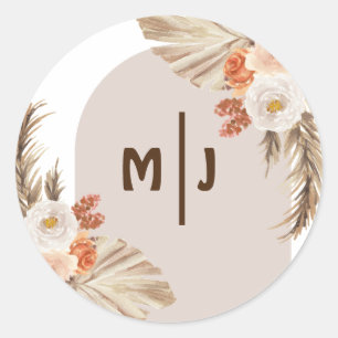 Botanische monogram Boho Pampas Grass Wedding Ronde Sticker