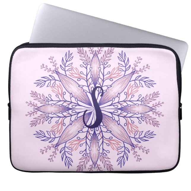 Botanische monogram cottcore boho florale roze laptop sleeve (Voorkant)