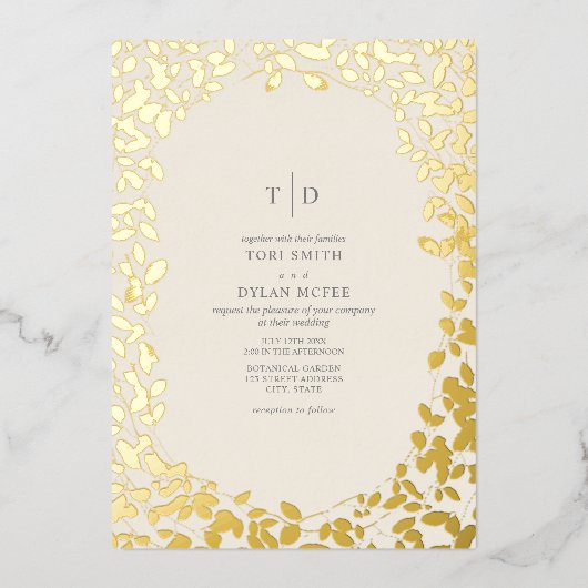 Botanische monogram Initialen van het witte huweli Folie Uitnodiging (Voorkant)