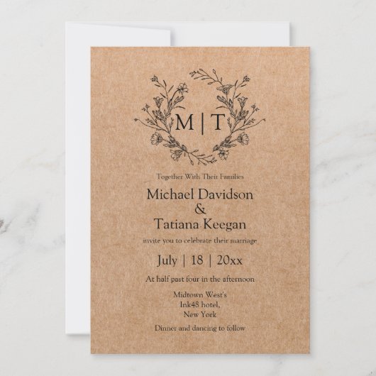 Botanische Monogram Klassiek Script Kraft Wedding Kaart (Voorkant)