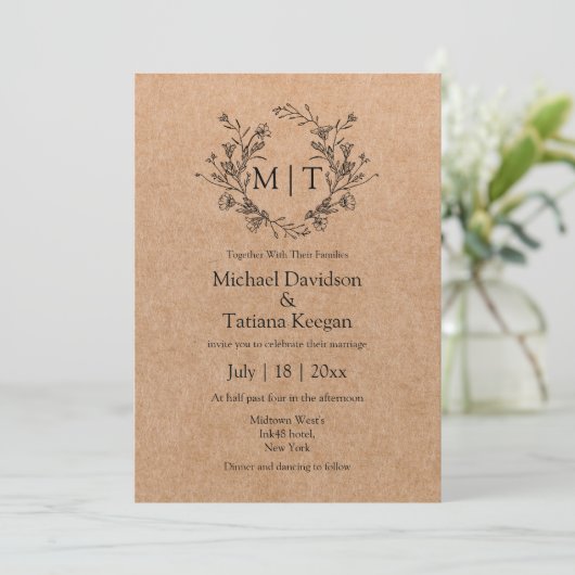 Botanische Monogram Klassiek Script Kraft Wedding Kaart (Staand voorkant)