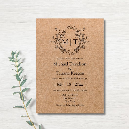 Botanische Monogram Klassiek Script Kraft Wedding Kaart