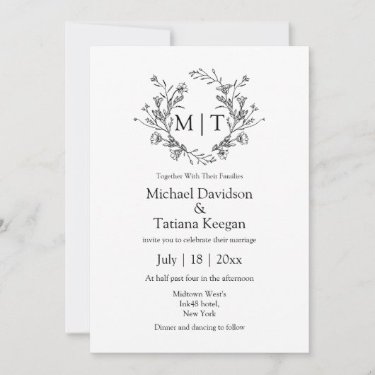 Botanische monogram klassieke typografie bruiloft kaart (Voorkant)