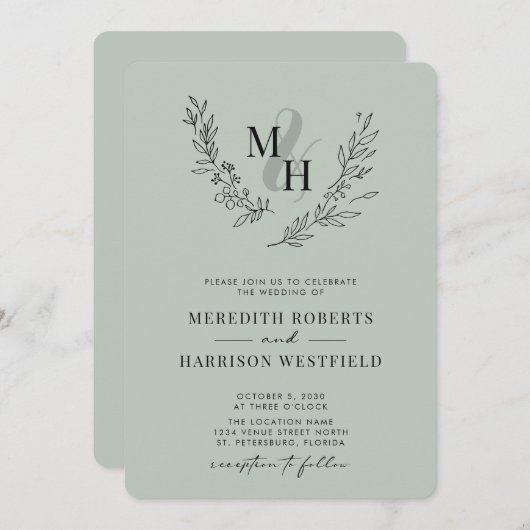 Botanische monogram met QR-code Sage Weddenschap I Kaart (Voorkant / Achterkant)