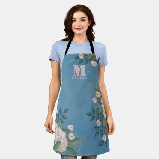 Botanische monogram  Roze Roze Floral Blue Schort (Gedragen)