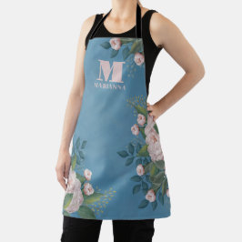 Botanische monogram  Roze Roze Floral Blue Schort