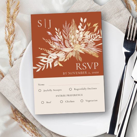 Botanische monogram Terracotta Wedding Entree RSVP Kaartje