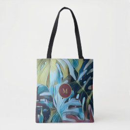 Botanische Moody Blue Monstera Leaves met Monogram Tote Bag
