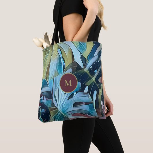 Botanische Moody Blue Monstera Leaves met Monogram Tote Bag (Dichtbij)