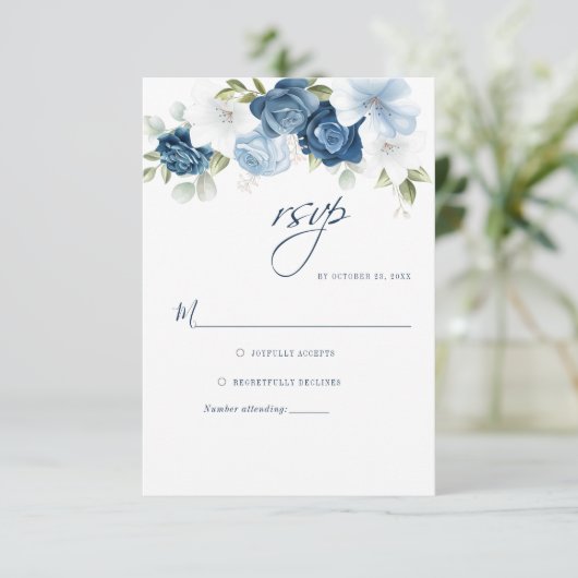 Botanische mosterd blauw script Floral Greenery RSVP Kaartje (Staand voorkant)