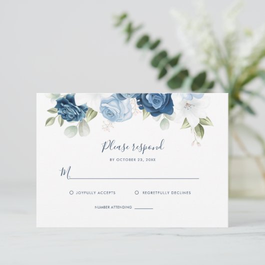 Botanische mosterd Blue Floral Greenery Script RSV RSVP Kaartje (Staand voorkant)