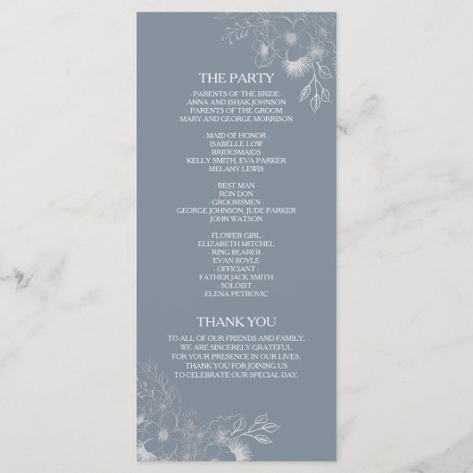 Botanische mosterdblauwe bruiloft programmakaart (Achterkant)