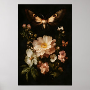Botanische Mot Donkere Bloemige Kunst Antieke Vlin Poster