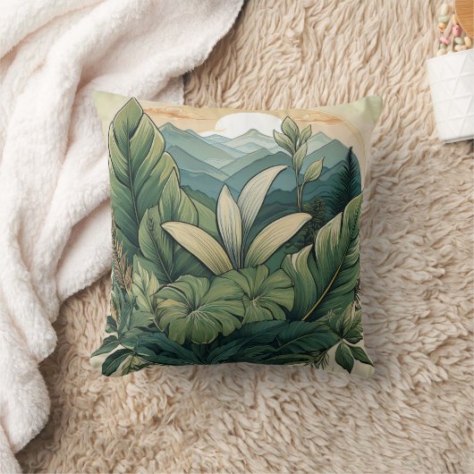 Botanische Mountain Scene Kussen met Leaf Detail (Deken)