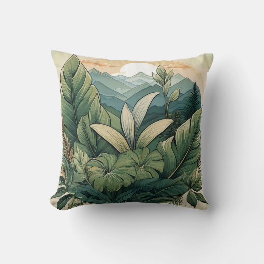 Botanische Mountain Scene Kussen met Leaf Detail (Voorkant)
