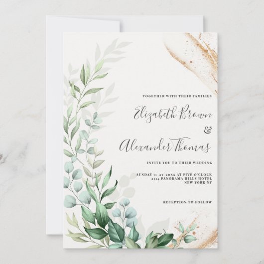 Botanische munt goud groen blad bloemenbruiloft kaart (Voorkant)