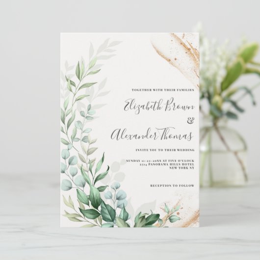 Botanische munt goud groen blad bloemenbruiloft kaart (Staand voorkant)