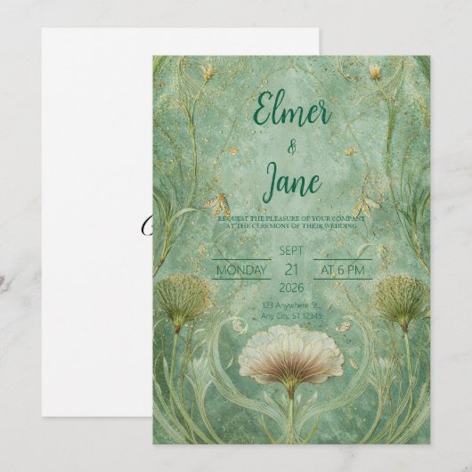 Botanische Munt & Gouden Art Nouveau Huwelijk Kaart (Voorkant / Achterkant)