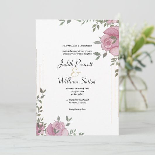 Botanische munt roze wit romantische bloemenbruilo kaart (Staand voorkant)