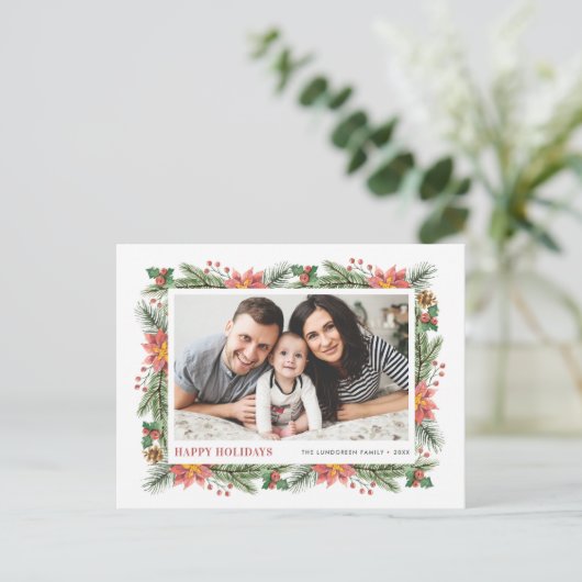 Botanische naalden en Lijst Poinsettias Foto Feestdagenkaart (Staand voorkant)