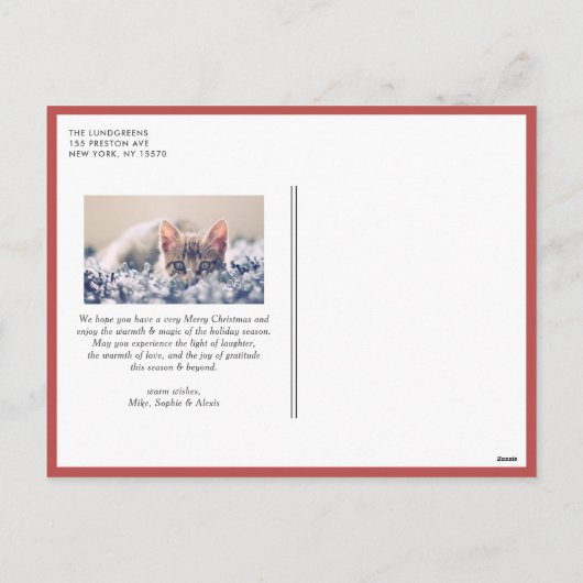 Botanische naalden en Lijst Poinsettias Foto Feestdagenkaart (Achterkant)