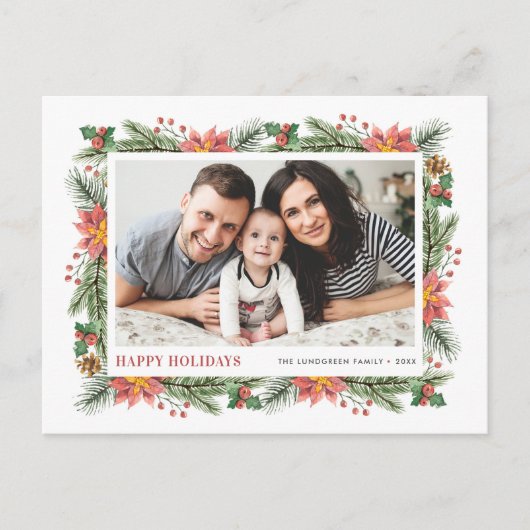 Botanische naalden en Lijst Poinsettias Foto Feestdagenkaart (Voorkant)