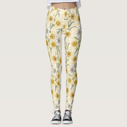 Botanische narcis plaid patroon leggings (Voorkant)