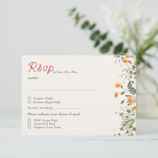 Botanische narcissen Daisy pioenroos bloemen bruil RSVP Kaartje (Staand voorkant)