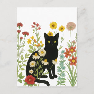 Botanische Natuur – Zwarte Kat in Wilde Bloementui Briefkaart