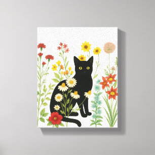 Botanische Natuur – Zwarte Kat in Wilde Bloementui Canvas Afdruk