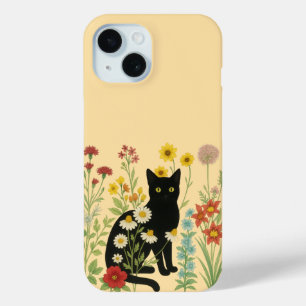 Botanische natuur - Zwarte kat in wilde bloementui iPhone 15 Case