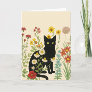 Botanische Natuur – Zwarte Kat in Wilde Bloementui Kaart
