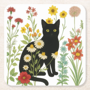 Botanische natuur - Zwarte kat in wilde bloementui Kartonnen Onderzetters