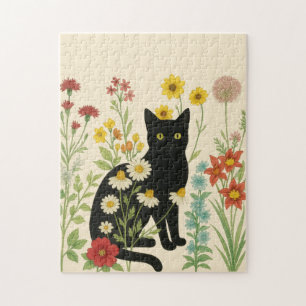Botanische Natuur – Zwarte Kat in Wilde Bloementui Legpuzzel