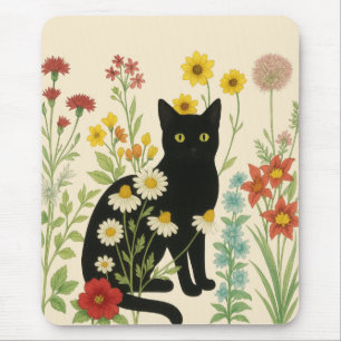 Botanische Natuur – Zwarte Kat in Wilde Bloementui Muismat