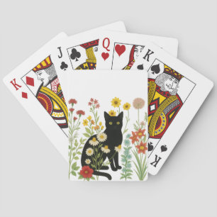 Botanische Natuur – Zwarte Kat in Wilde Bloementui Pokerkaarten