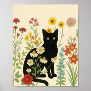 Botanische Natuur – Zwarte Kat in Wilde Bloementui Poster