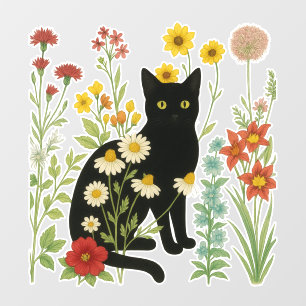 Botanische natuur - Zwarte kat in wilde bloementui Raamsticker