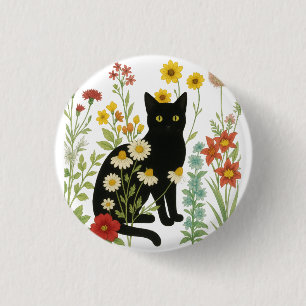 Botanische natuur - Zwarte kat in wilde bloementui Ronde Button 3,2 Cm