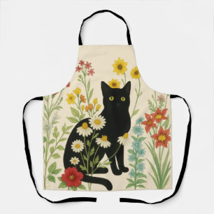 Botanische Natuur - Zwarte Kat in Wilde Bloementui Schort