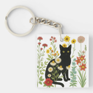 Botanische Natuur - Zwarte Kat in Wilde Bloementui Sleutelhanger