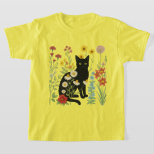 Botanische Natuur – Zwarte Kat in Wilde Bloementui T-shirt