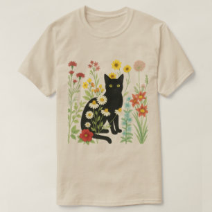 Botanische Natuur - Zwarte Kat in Wilde Bloementui T-shirt