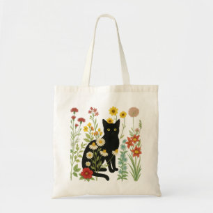 Botanische Natuur – Zwarte Kat in Wilde Bloementui Tote Bag
