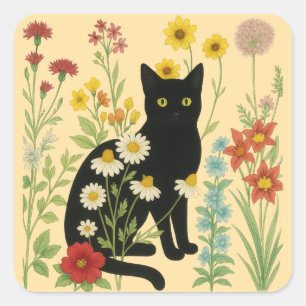 Botanische natuur - Zwarte kat in wilde bloementui Vierkante Sticker