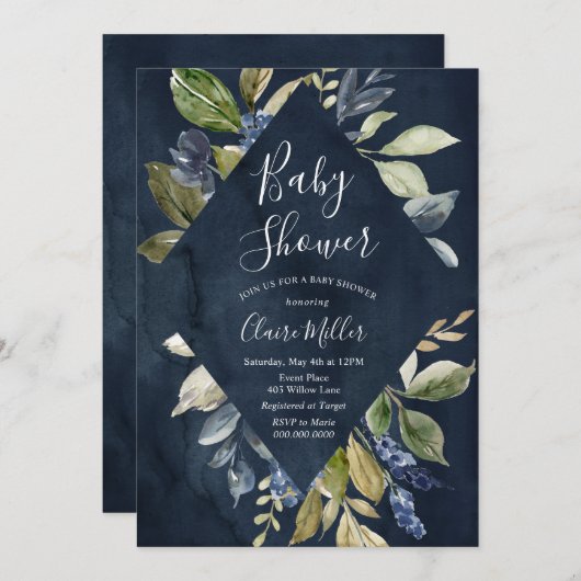Botanische Navy Baby shower uitnodiging (Voorkant / Achterkant)